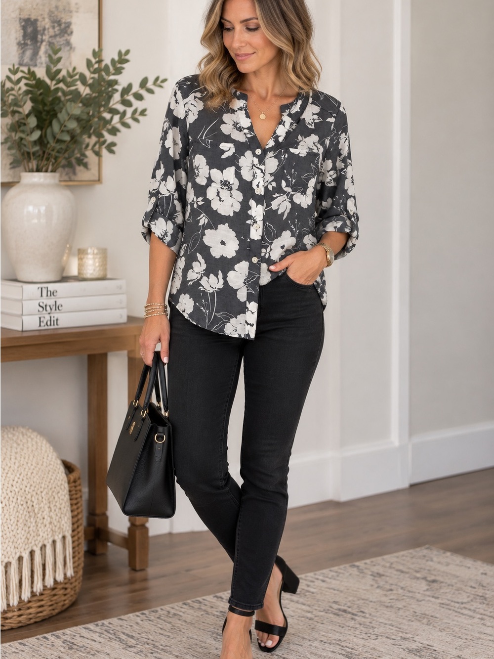 Ruby Rd. Grey and White Floral Button-Up Blouse